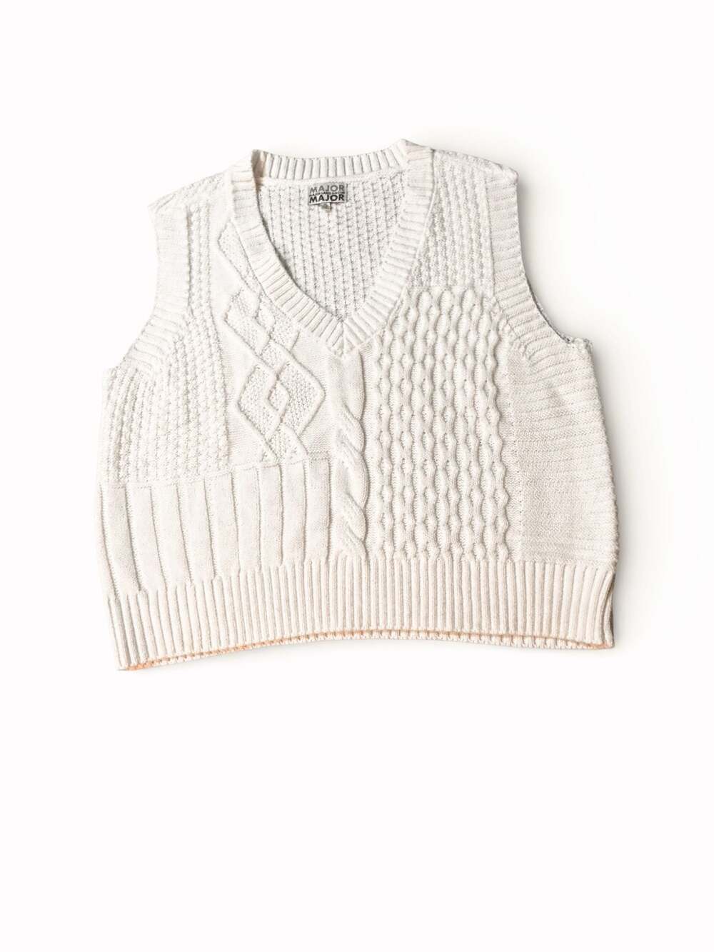 Major Label Group White Mixed Cable Knit V-Neck Sweater Vest